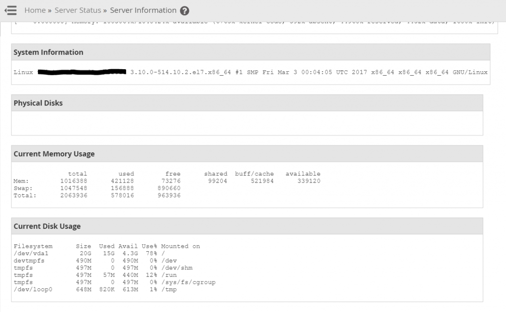 WHM cPanel showing the server information 