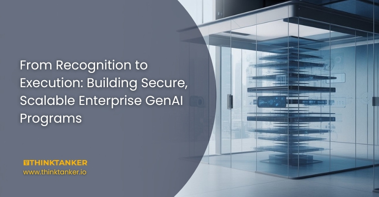 Modern enterprise office environment featuring a layered AI architecture visualization inside a glass enclosure, representing secure and scalable enterprise GenAI implementation.