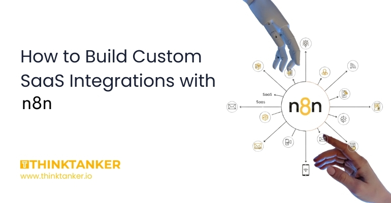 Feature image showing robotic and human hands reaching towards an automation diagram of SaaS app integrations with n8n, from ThinkTanker blog.