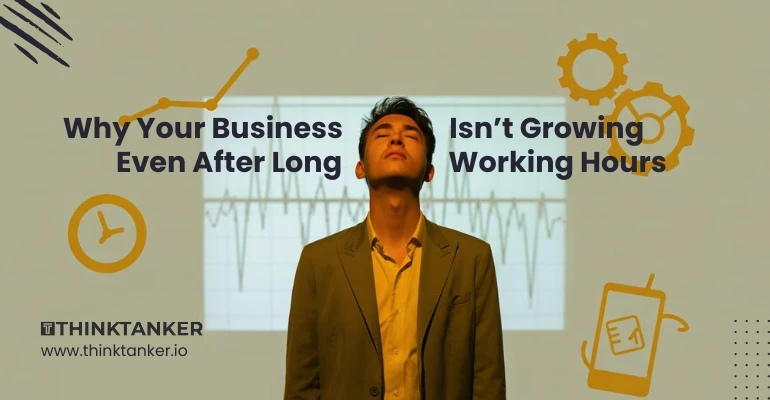 Business owner standing in front of growth chart with clock, gears, and digital icons, illustrating struggles with long working hours and slow business growth for Thinktanker blog.
