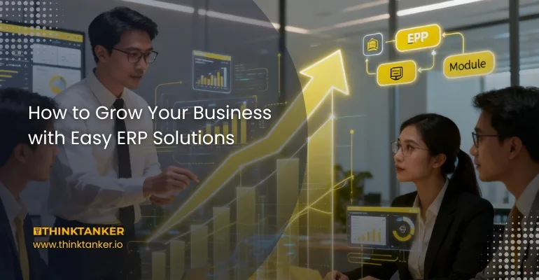 Four professionals in a meeting discussing business growth and ERP solutions, with a graphic showing an upward arrow and business concepts.