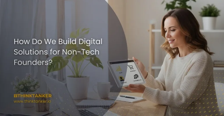 Non-tech business founder using a tablet to manage sales, inventory, and customer data with a ThinkTanker digital solution, seated in a modern office with plants and clean workspace.