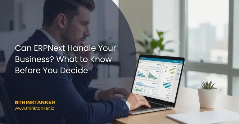 Business owner reviewing ERPNext dashboard for inventory, sales, and accounting to evaluate if it can handle business operations